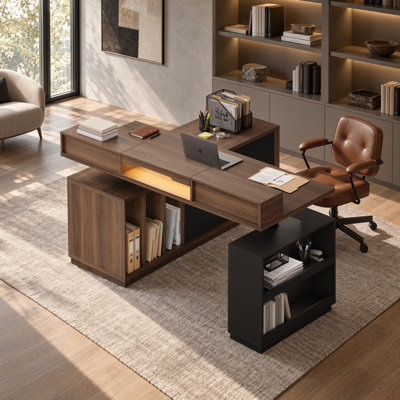 Bureau assis-debout électrique en forme de L de 160 cm de large avec caisson de rangement monobloc de 3 cm d'épaisseur et station de recharge pour bureau à domicile