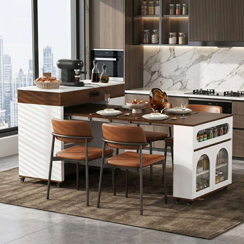 Extendable Rolling Kitchen Island With Drawers And Power Outlet And Storage Cabinet, White/Brown