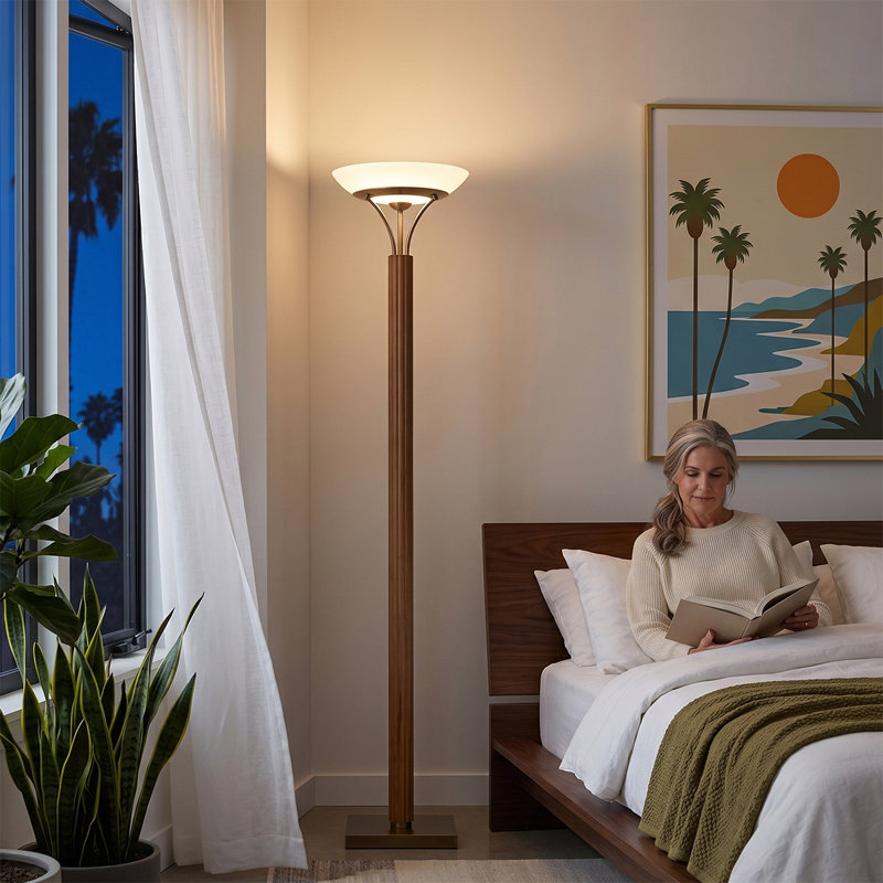 Tambo Torchiere Floor Lamp - Wood Finish, Weathered Brass, Dimmer, Natural Ash