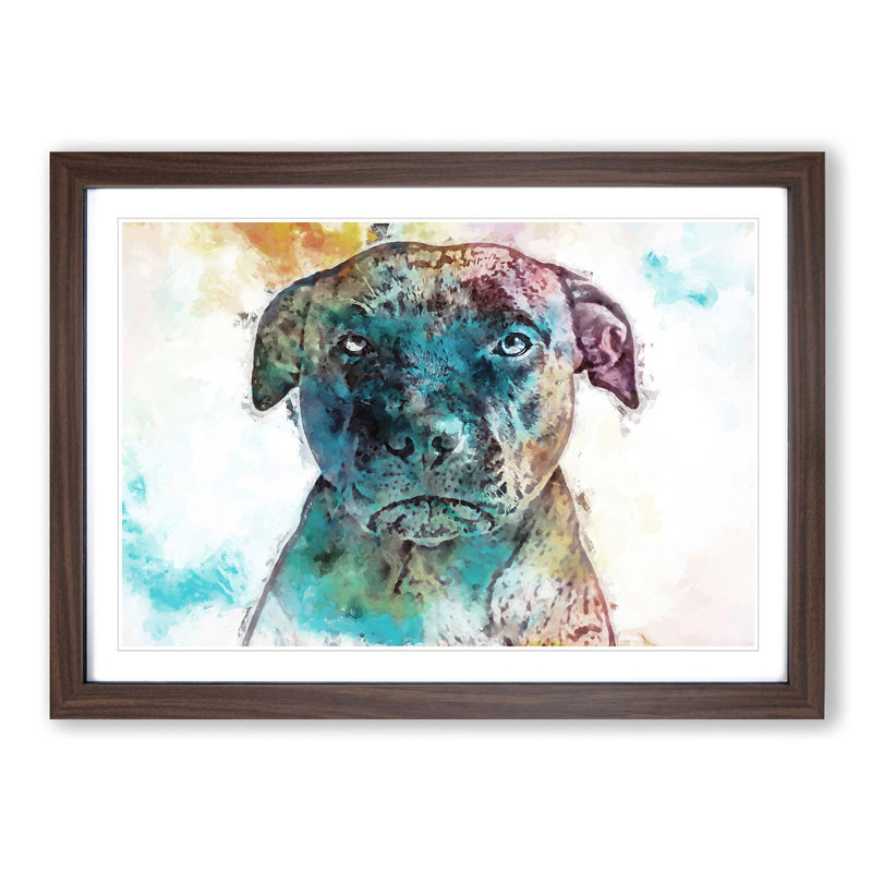 A Staffordshire Bull Terrier Dog in Abstract - Picture Frame Painting Print on MDF, 27cm H x 36cm W x 2cm D, Walnut Framed