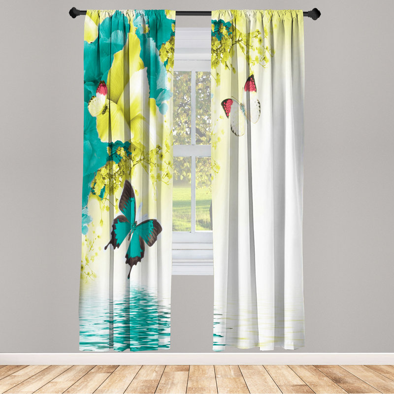 Microfiber Floral Semi-Sheer Rod Pocket Curtain Panels, 28" W x 63" L, Teal/Yellow Green