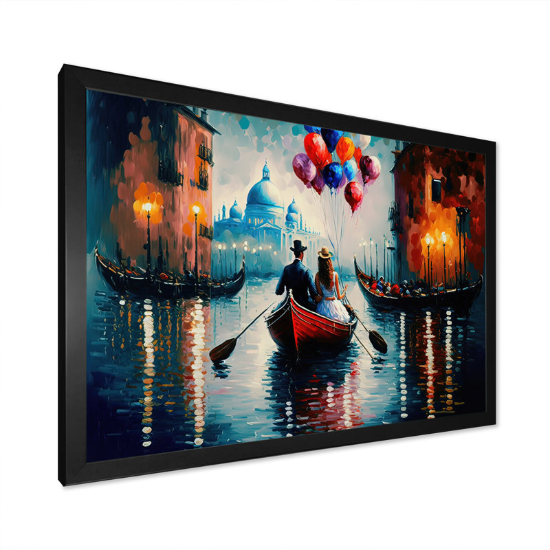 Soirée romantique sur un petit bateau III - Peinture sur toile, H 12 po x l 20 po x P 1 po, Cadre photo noir