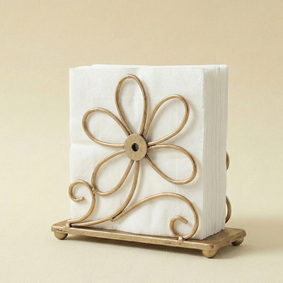 Antique Gold Napkin Holder, Freestanding Distressed Metal Organizer for Standard Napkins on Dining Tables and Kitchen Counters