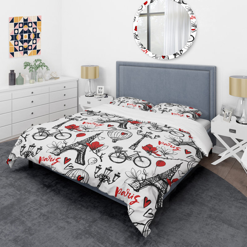 Paris Eiffel Red Hearts Twin Duvet Cover Set
