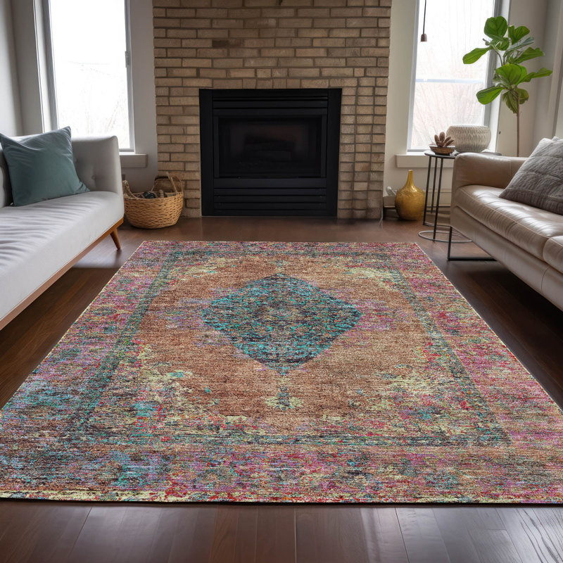Tapis orange intérieur / extérieur lavable à la machine Xhevrie, Rectangle 5 pi x 7 pi 6 po
