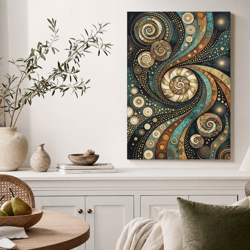 Toile murale à spirales tourbillonnantes turquoise et or, 48"H x 32"W