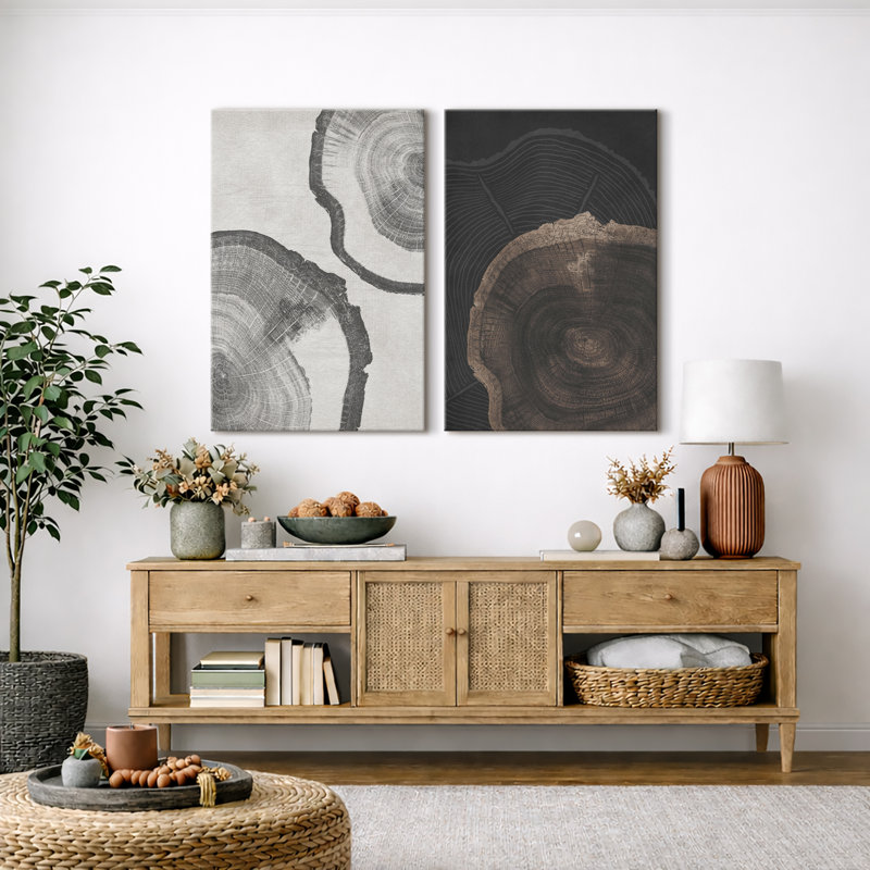 «Tree Ring», souche de bois gris, œuvre d'art neutre, photos de cabane de ferme rustique, ensemble de 2 impressions sur toile encadrées, 16 x 24 x 2, 24 x 36 x 2