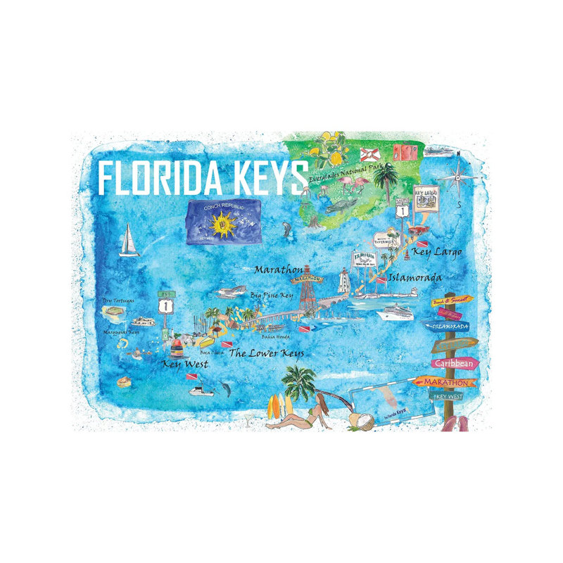 Florida Keys Key West Marathon Key Largo Illustrated Travel by Markus & Martina Bleichner - Wrapped Canvas Painting