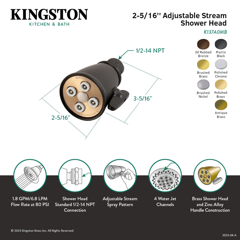 Pomme de douche ronde à jet réglable en laiton 2-5 / 16 pouces Kingston, Laiton poli