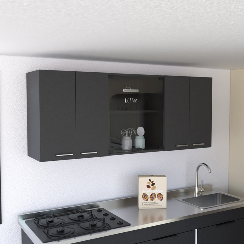 Élégante armoire murale supérieure, quatre tablettes intérieures, Noir
