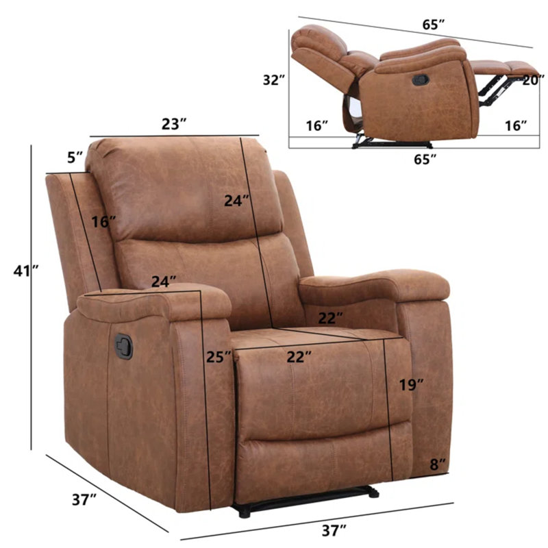 Siège de cinéma maison inclinable manuel en cuir cognac de 37 po de largeur avec porte-gobelet intégré