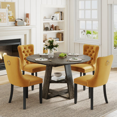 Rectangle Expandable Dining Set for 4-6, Mid-century Modern Kitchen Table and Chairs with Velvet Tufted Chair for Dining Room, Small Space, Apartment