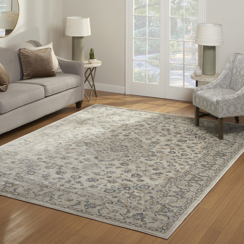 Tapis oriental traditionnel à large bordure florale ivoire / beige / gris Lamar Laeh, Rectangle 5 pi 3 po x 7 pi 5 po