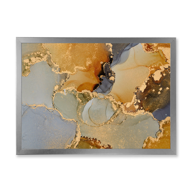 «Brown Luxury Abstract Fluid Art I», reproduction d'art sur toile moderne, H 16 po x l 32 po x P 1 po, Cadre photo argenté