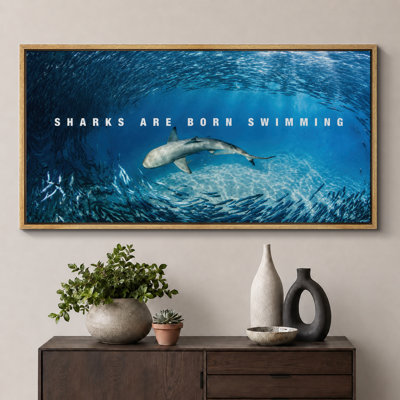 Shark Ocean Swimming Motivation Artwork, Boys Room Pictures, Framed Canvas Giclee Print 3 Pieces Wall Art