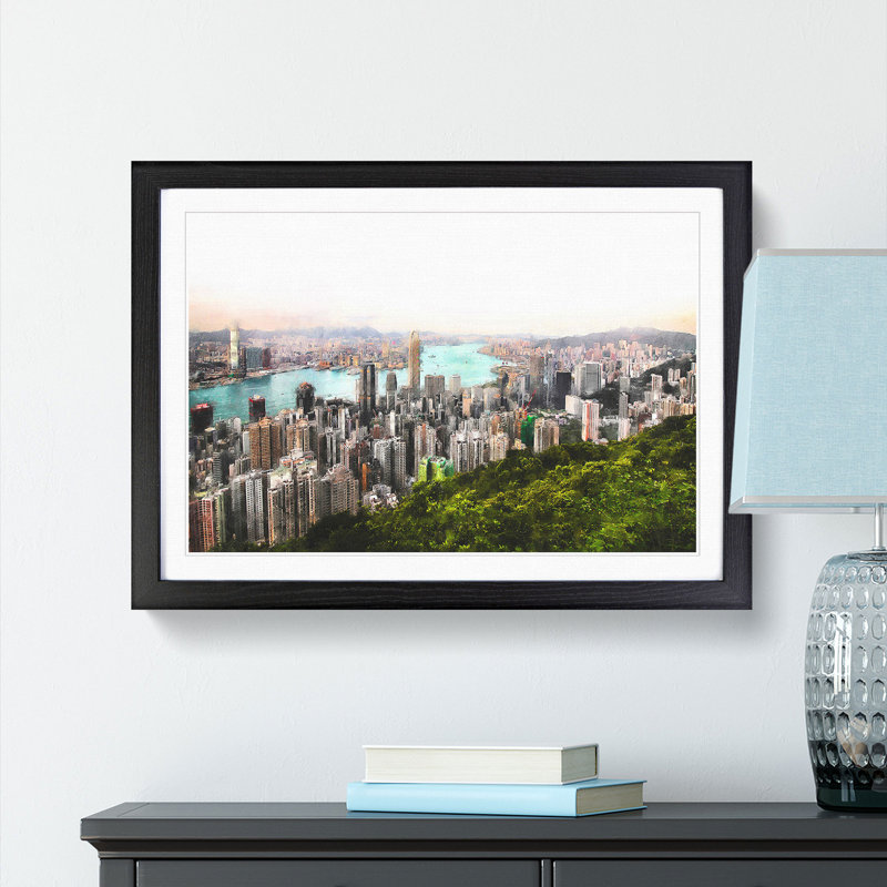 Hong Kong Skyline - Picture Frame Painting Print, Black Framed, 24cm H x 33cm W x 2cm D