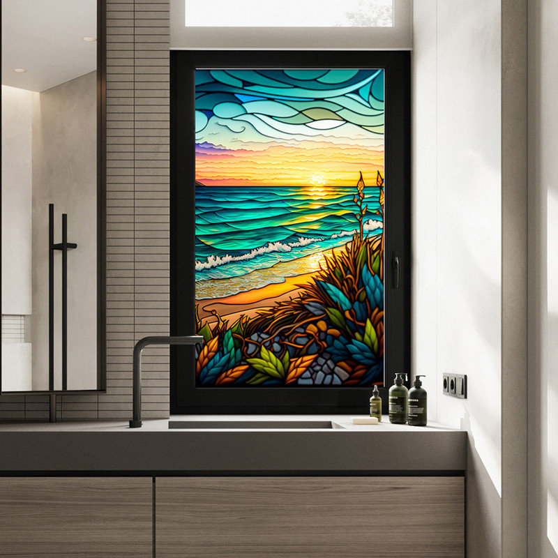 Seaside Sunset Window Sticker PVC Stained Glass Window Film Non-Adhesive Removable for Window Glass Decorations