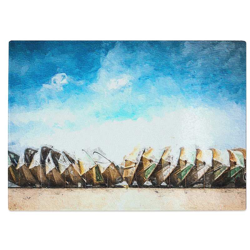 Tempered Glass Stacked Rowing Boats on the Beach Chopping Board, 28.5 cm W x 20 cm L
