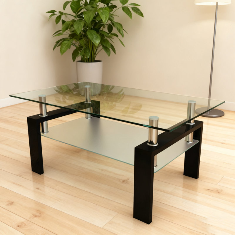 1 table basse rectangulaire en verre noir (table de salon moderne) | Rangement double couche, structure en fer robuste | L 39,37 po x P 23,62 po x H 17,7 po, facile à nettoyer, salon / bureau