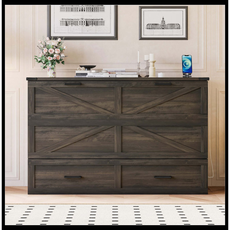 Grand lit escamotable style ferme avec station de charge, lit plateforme pliable avec grand tiroir de rangement pour chambre d'amis, petite chambre, gris rustique