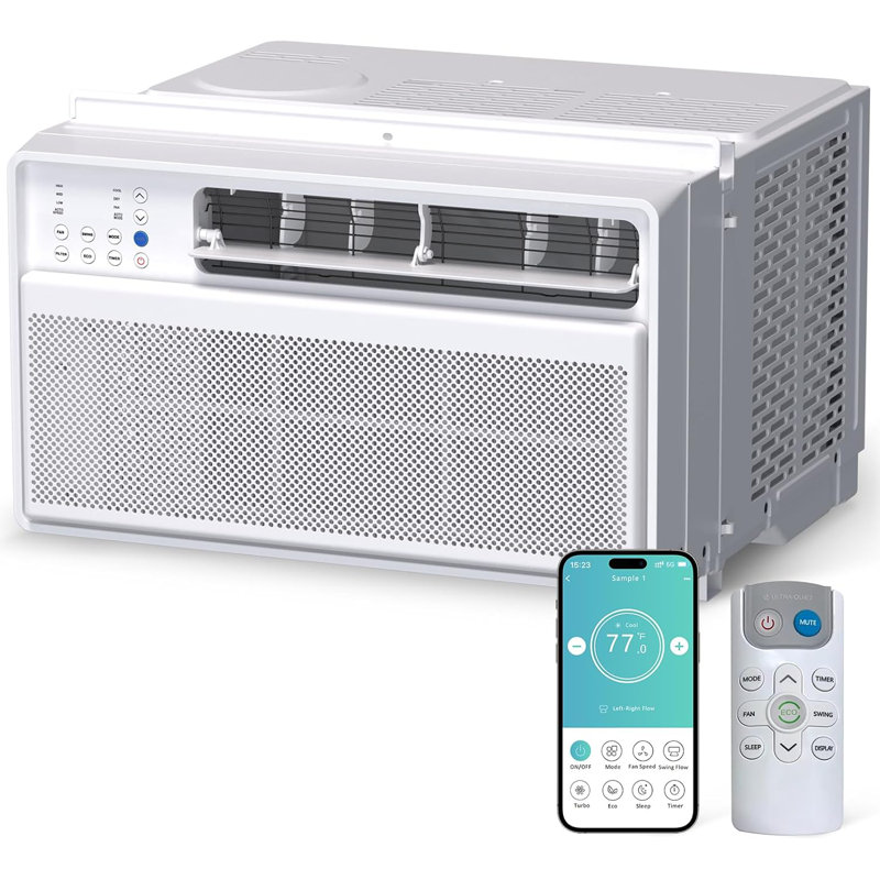Climatiseur de fenêtre 12 000 BTU, WIFI et télécommande, refroidit 550 pieds carrés, ultra silencieux, 7 modes, minuterie 24H, pour les salons, les chambres à coucher, les dortoirs et les bureaux. 