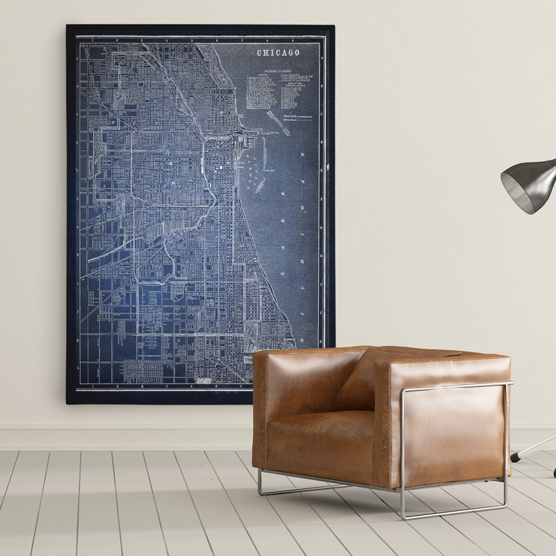 Chicago Sketch Map Blue Framed Canvas Wall Art
