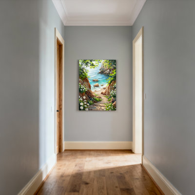 Bord de mer avec marguerites et verdure luxuriante, reproduction d'art sur toile tendue sur toile, ensemble de 1