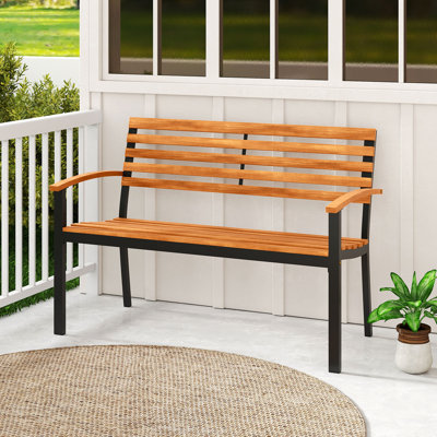 Outdoor Bench Acacia Wood Patio Loveseat w/ Backrest Armrests Garden Bench Black