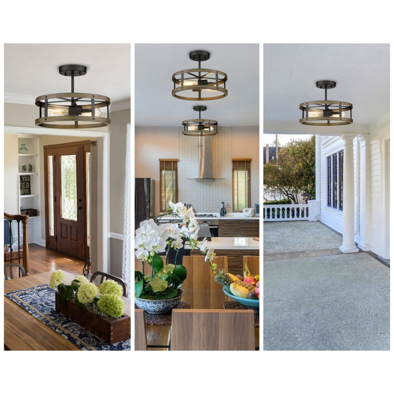 Imitation Wooden Semi Flush Mount Ceiling Light Fixture