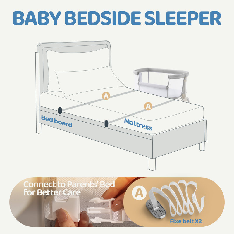 Bedside Cot with Mattress, Grey