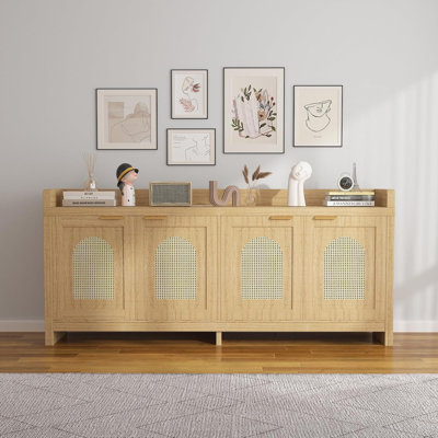 Modern Rattan TV Stand Entertainment Center with Glass Doors - for TVs Up to 65 Inch, 61.5" Storage Console Cabinet for Living Room