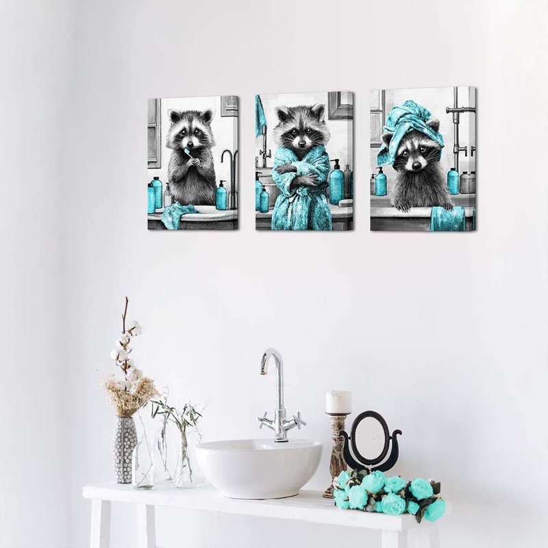 40*30,Blue Bathroom Wall Art Funny Animals Bathroom Decor Recoon Pictures Paintings., Teal/Grey