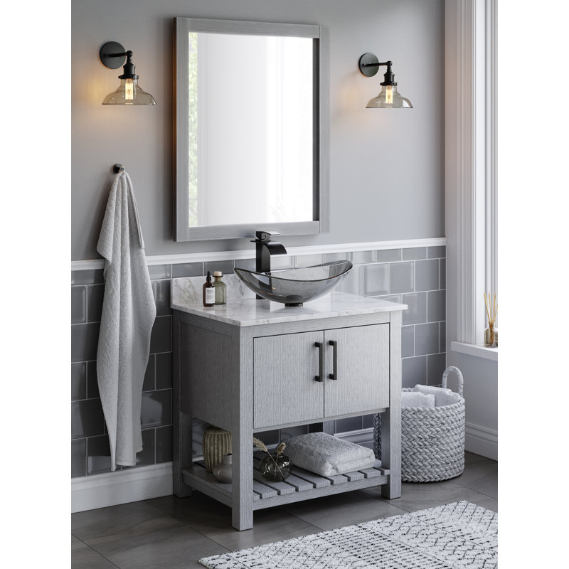 Meuble-lavabo de 30 po avec comptoir en marbre de Carrare, lavabo en verre et quincaillerie noir mat, Noir mat