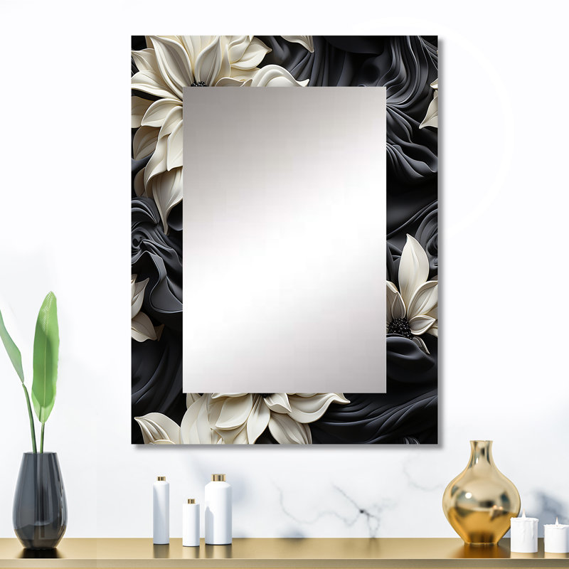 White And Grey Symphony Of Petal Gardens - Floral Mirror, Floral Decorative Wall Mirror, Printed Metal Art, 32" x 24"
