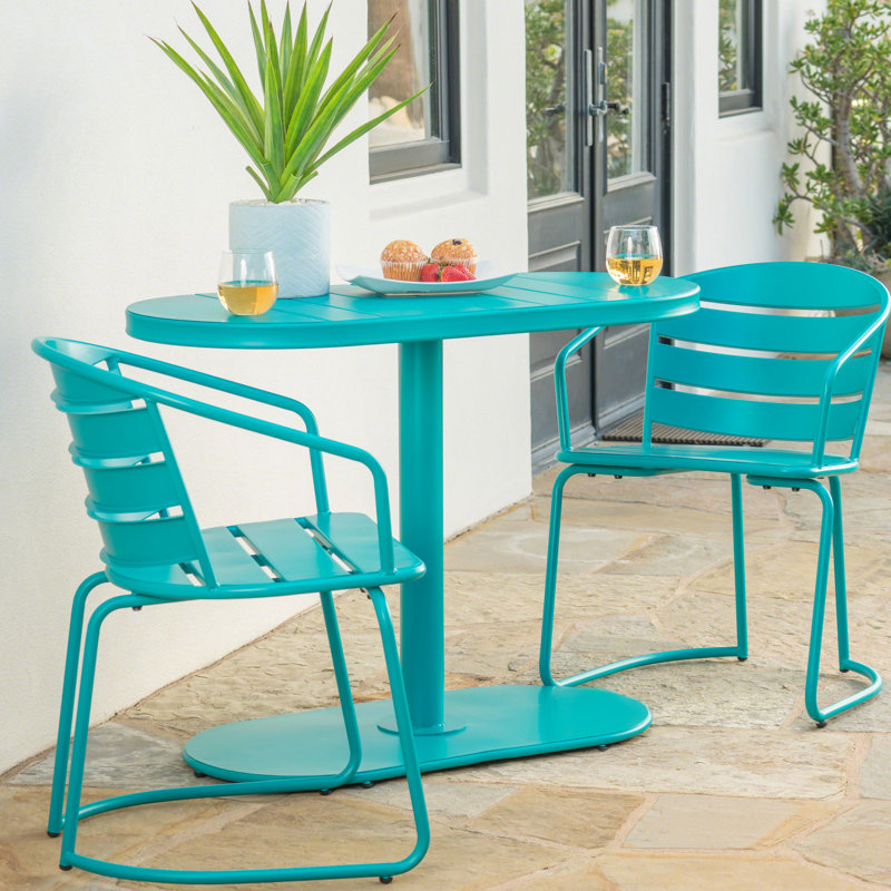 Élégant bistro de jardin - Fer avec finition extérieure bleu sarcelle mat, 2 chaises et table ovale pour les loisirs dans la cour