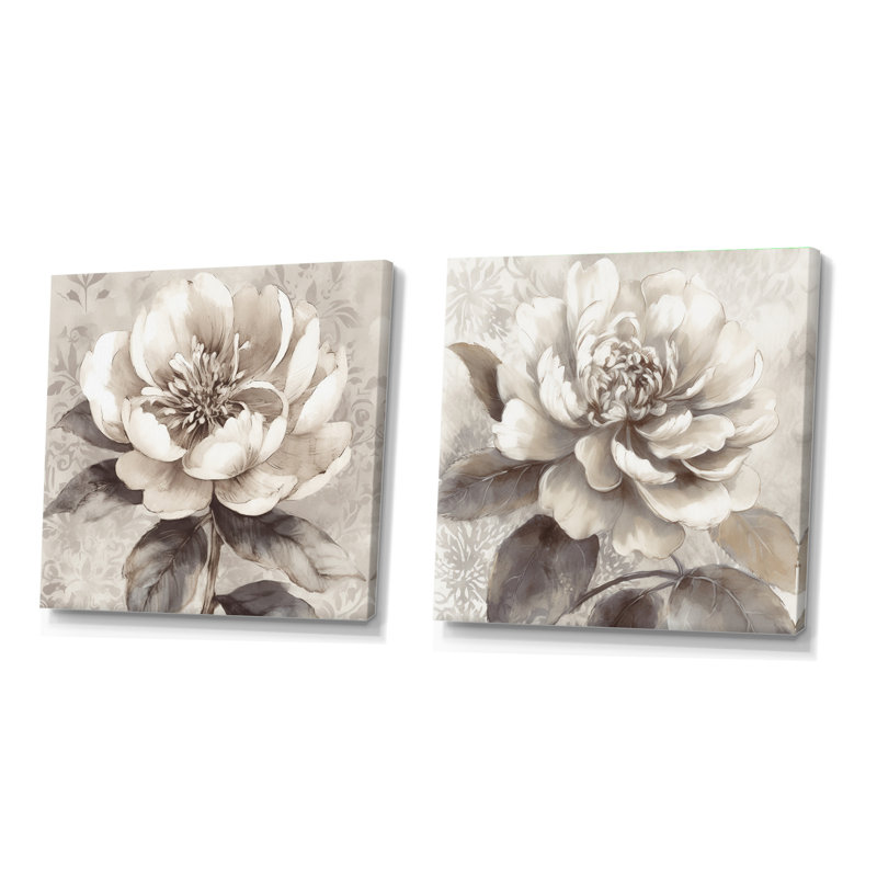 Pivoines grises sur une branche - ensemble de 2 pivoines carrées, Toile tendue, H 16 po x l 33 po