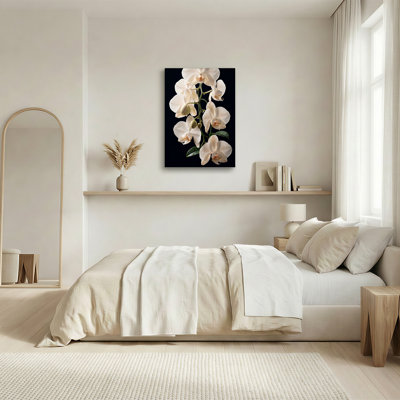Orchidée blanche en fleurs avec gouttelettes d'eau sur toile noire