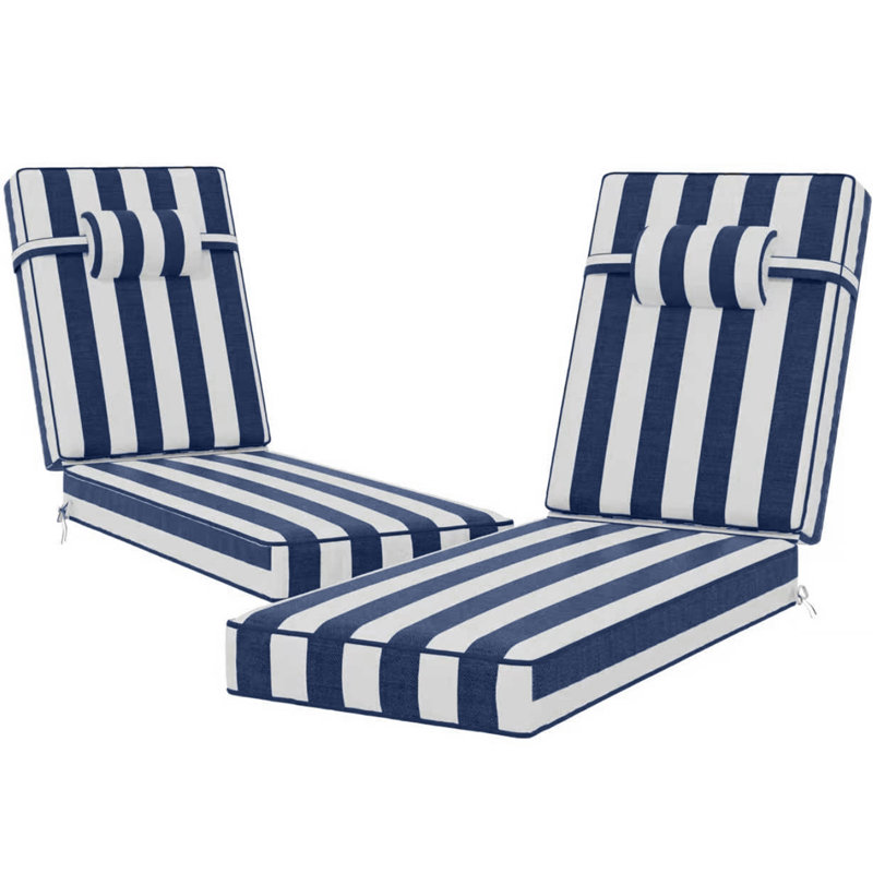 Coussins de chaise longue d'extérieur 72 po x 21 po x 4 po en oléfine (ensemble de 2), 44" W x 21" D, Blue/White Striped