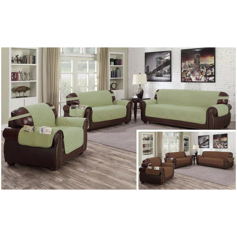 Housse pour canapé à coussins carrés/rectangulaires réversible, Sauge / Chocolat, H 75 po x l 114 po x P 23 po