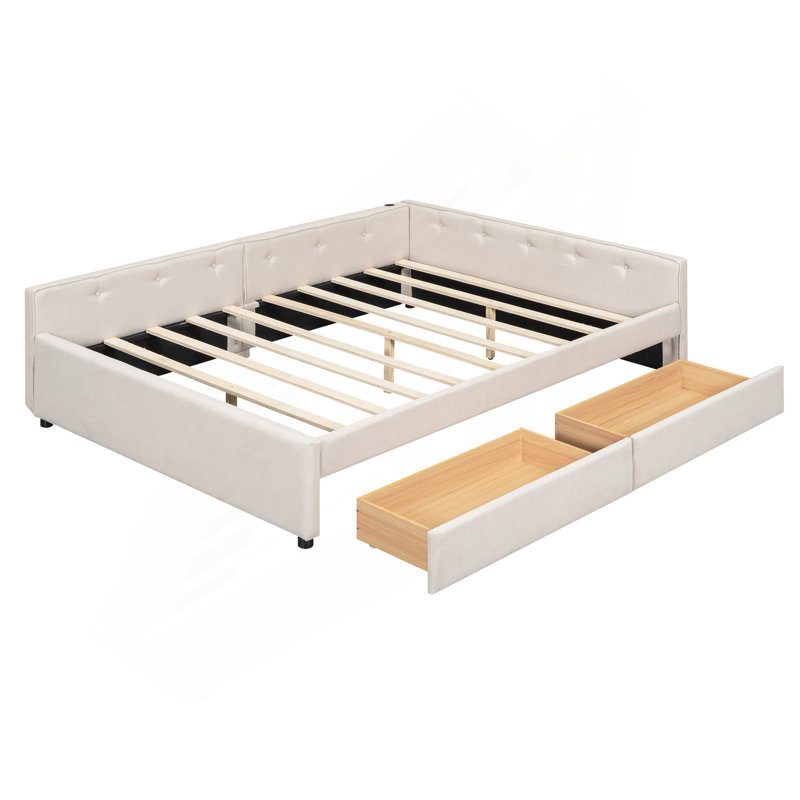 Grand lit plateforme tapissier avec port USB et 2 tiroirs, beige