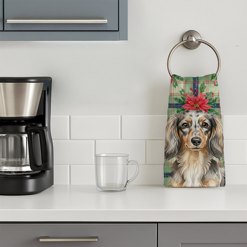 Longhaired Dapple Dachshund Christmas PoinsettIas Kitchen Towel, Longhaired Dapple Dachshund