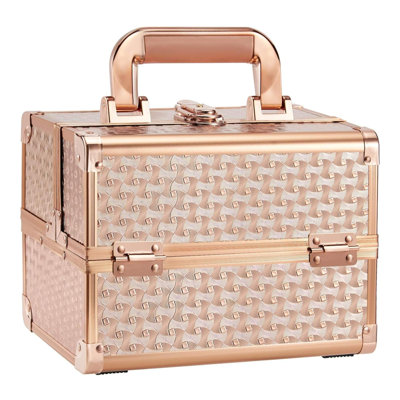 Beauty Makeup Train Case For Lady Portable Cosmetic Box Jewellery Organizer Lockable With Keys And Mirror 2-Tier Trays Carrying With Handle Makeup Storage Box - Rose Gold