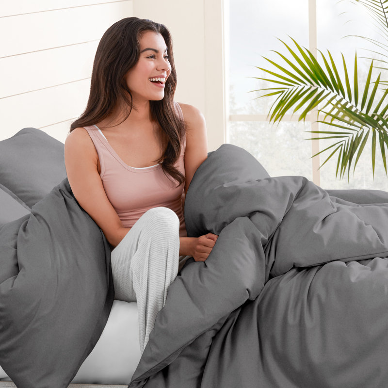 100% Cotton Flannel Duvet Cover Set, Gray, Full Duvet Cover + 2 Standard Shams