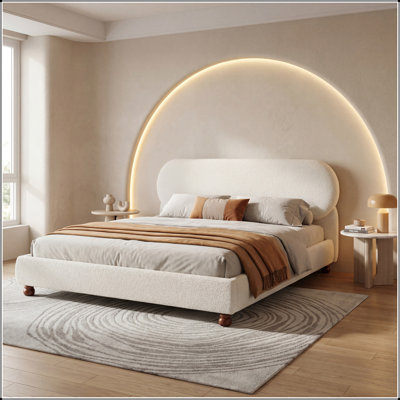 Queen Bouclé Upholstered Bed with Rubberwood Legs