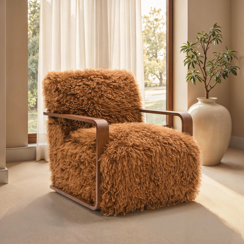 1 pièce Chaise d'appoint longue en fausse fourrure douce d'inspiration rétro avec accoudoirs courbés en bois siège et dossier principaux