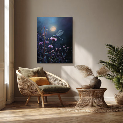 Libellule bleue sur fleurs roses au clair de lune - Art mural sur toile - salon, chambre à coucher ou bureau
