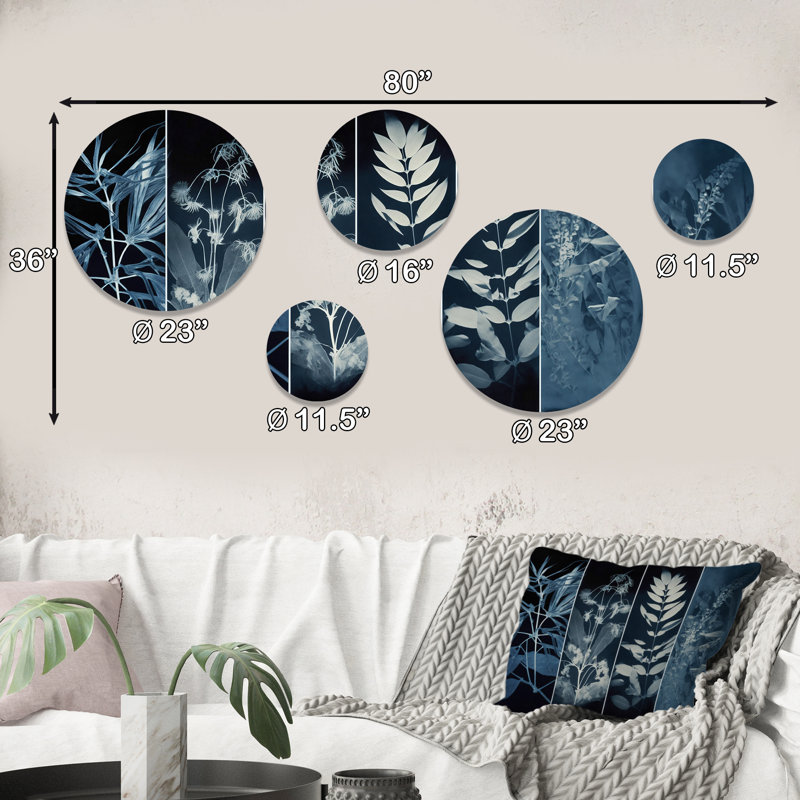 Ensemble de 5 décorations murales V rétro fleurs sauvages dans les tons de bleu
