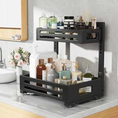 2-Pack Under-Sink Organizer, Black Pull-Out Cabinet Storage With Smooth Cylindrical Rails, Metal Slide-Out Drawers, 8-Level Tool-Free Height Adjustable For Kitchen, Bathroom, Laundry