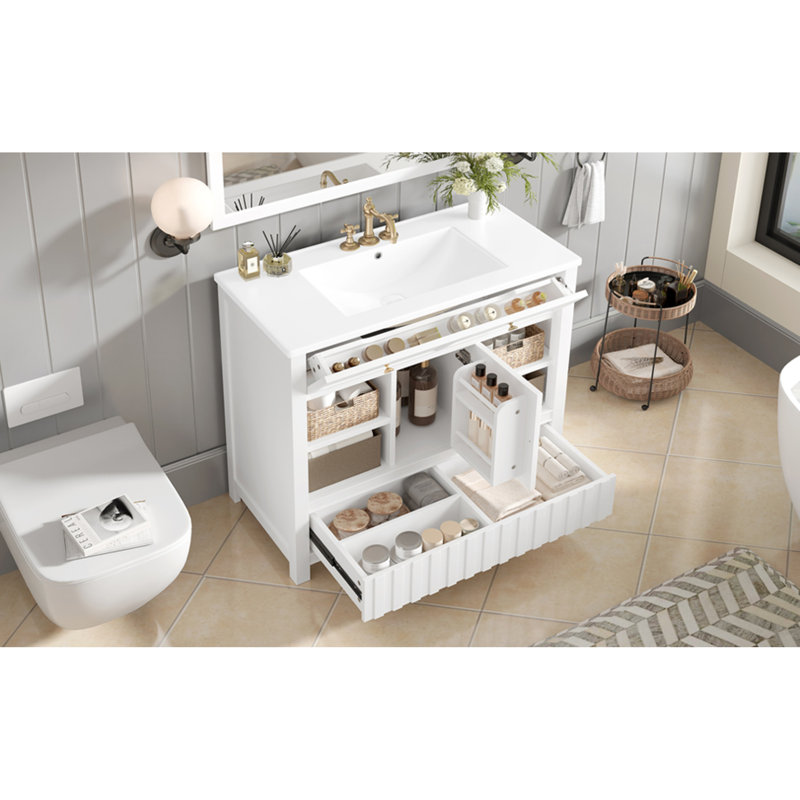 Meuble-lavabo multifonctionnel blanc avec lavabo, bois massif et panneau de fibres à densité moyenne pour les espaces modernes