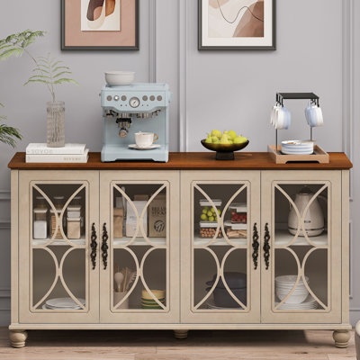 Elegant European Antique Style 4-Door Cabinet with Tempered Glass Doors, Ideal for Modern and Retro Interiors, Easy Assembly